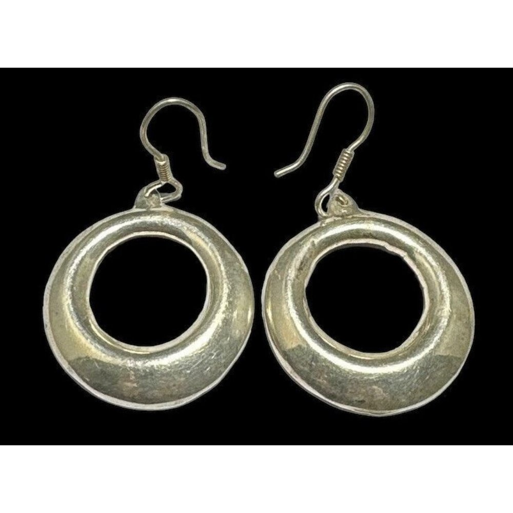 Signed Taxco Mexico Sterling Silver Hoop Earrings Dangle TR-77
